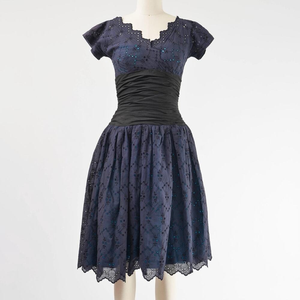 Vintage 50s 60s Black and Blue Eyelet Cotton Dress size XS
